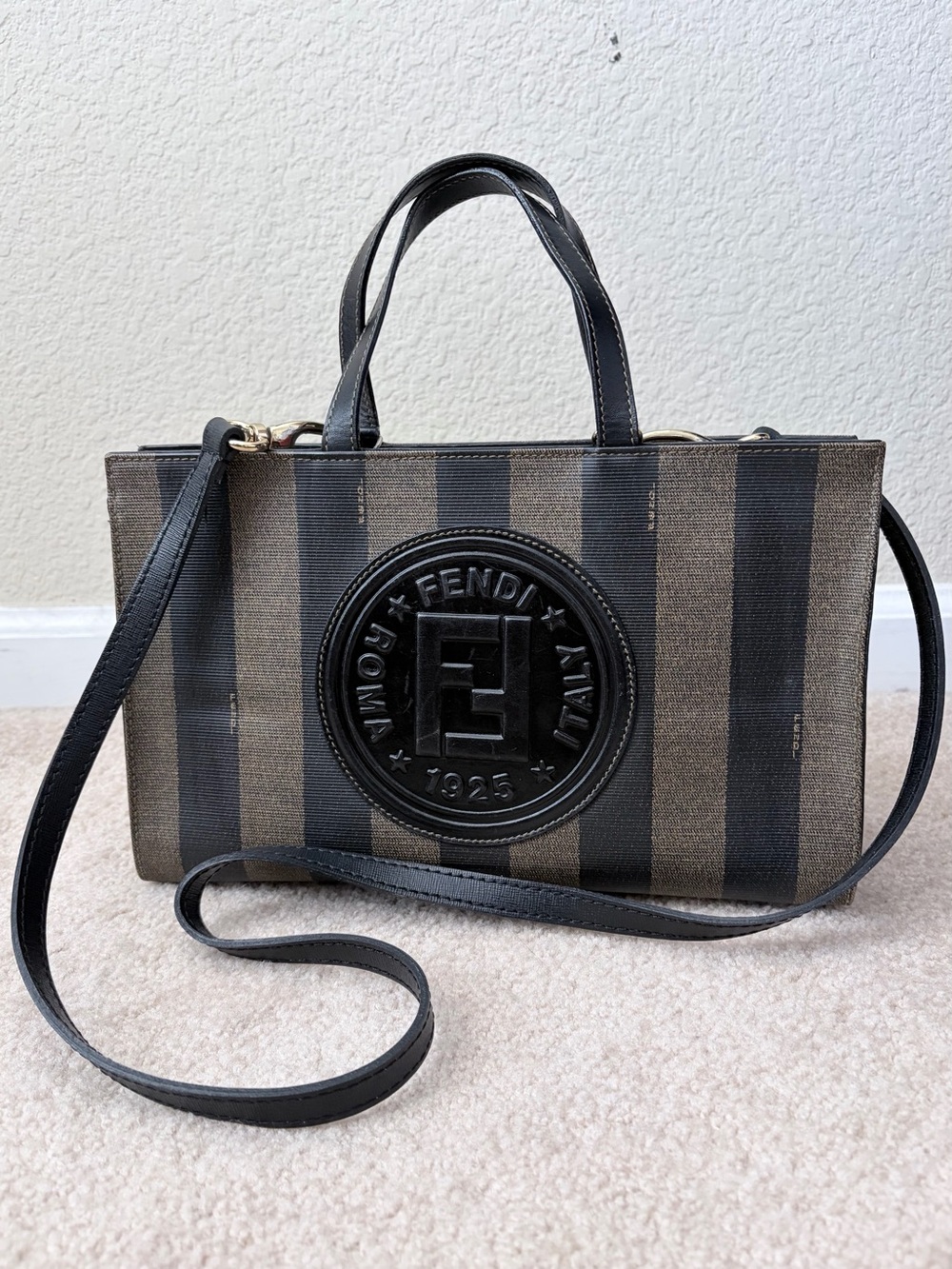 Fendi Vintage Pequin Convertible Logo Tote Coated Canvas and Leather Medium SZ